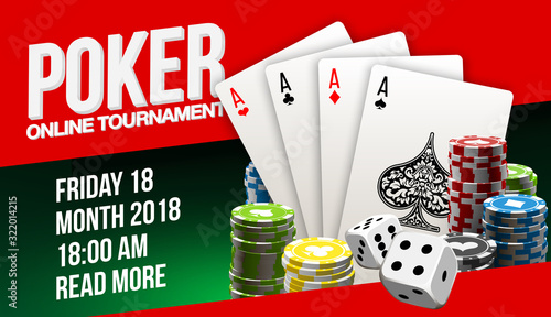 illustration Online Poker casino banner with playing cards on red surface table. Marketing Luxury Banner big win Jackpot Online Casino with red background. Advertising poster playing cards