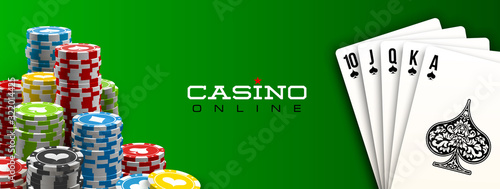 illustration Online web casino banner with american Poker playing cards on green background. Marketing Luxury green space Banner Poker playing cards. Advertising poster set Online web Casino Jackpot