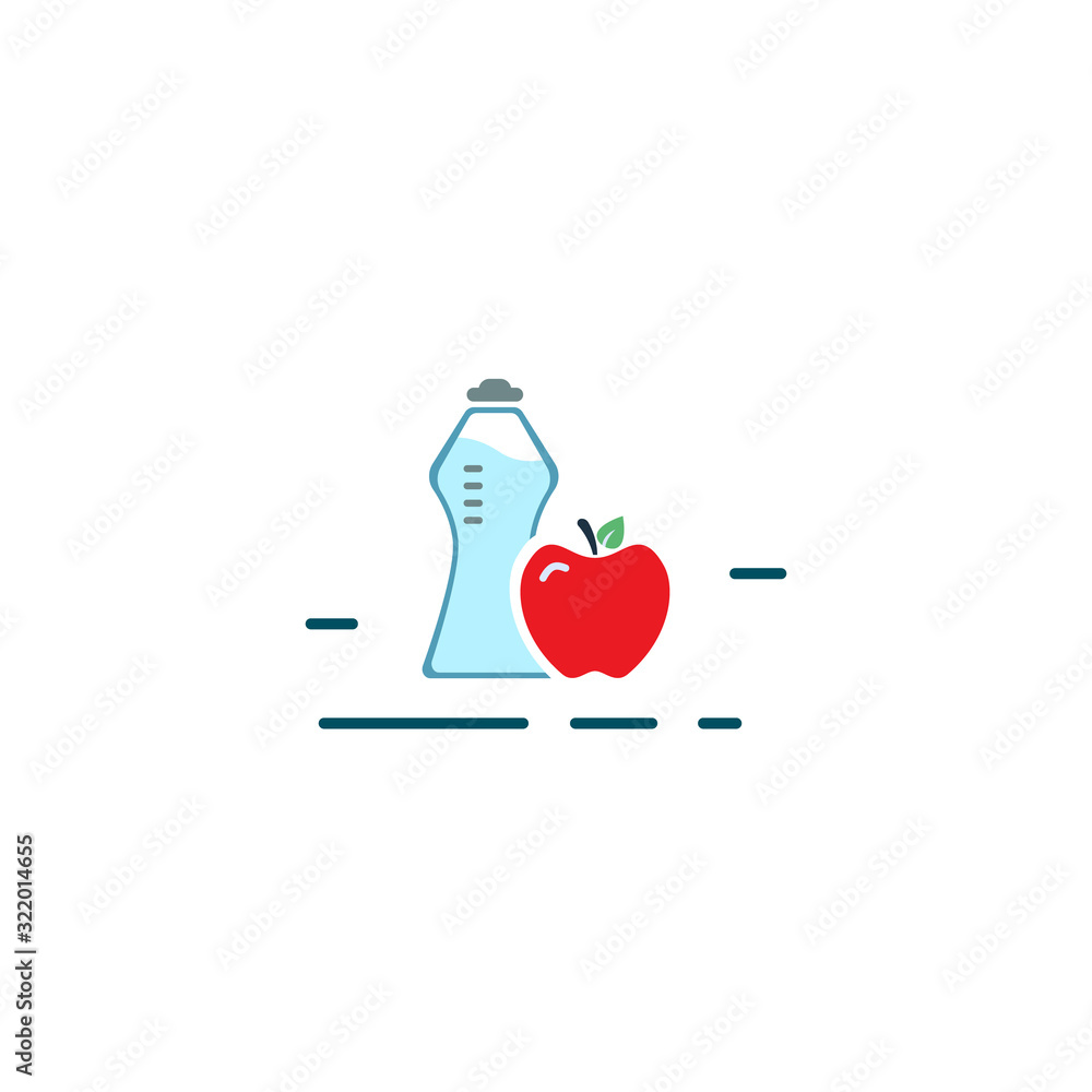 bottle water and red apple. vector symbol in flat style isolated outline on white background bottle water and red apple. vector symbol in flat style isolated outline on white background