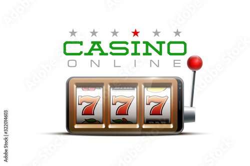Illustration banner of mobile online casino application with 777 big win slot machine. Realistic advertising poster with online mobile app casino and Jackpot 777. Play now in One Armed Bandit banner