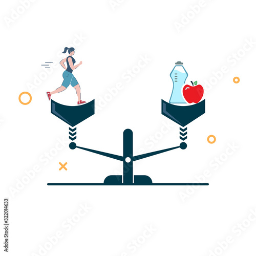 concept of sport and good nutrition. sporty girl and good food on the scales. sports and proper nutrition on the scales are the same