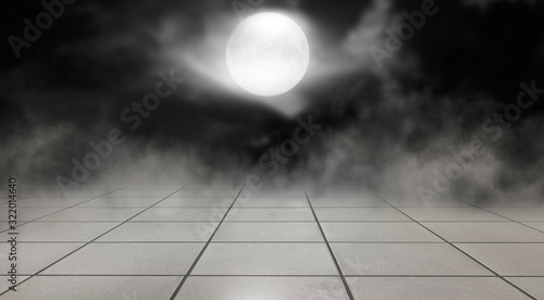 Empty street scene background with abstract spotlights light. Night view of street light reflected on water. Rays through the fog. Smoke, fog, wet asphalt with reflection of lights. 