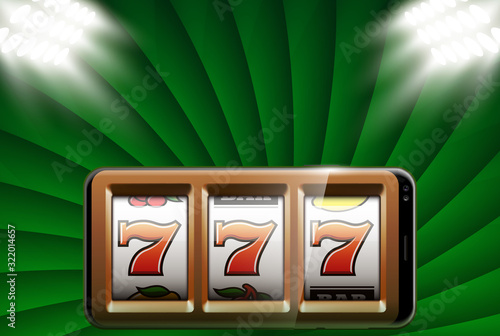 Illustration banner of mobile online casino application with 777 big win slot machine. Realistic advertising poster with online mobile app casino and Jackpot 777. Play now in One Armed Bandit banner