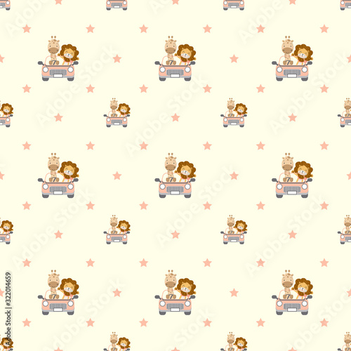 Seamless pattern with giraffe and lion driving a car.