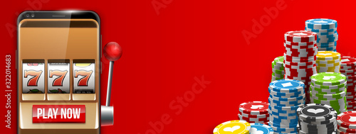 Illustration banner of mobile online casino application with 777 big win slot machine. Realistic advertising poster with online mobile app casino and Jackpot 777. Play now in One Armed Bandit banner