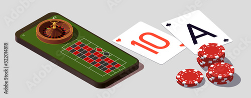 isometric illustration Blackjack in Online casino mobile phone app. Banner with Twenty-One and roulette Banner Online Casino isometric mobile phone app roulette and Blackjack Twenty-One Jackpot poster