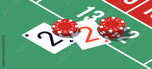 Happy New Year party 2020 casino poker chips and playing cards isometric banner. Greeting card isometry playing cards & chips flyer. 2020 Happy New year banner. Casino isometric Merry Christmas party