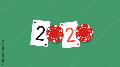 2020 Happy New Year casino logo with Blackjack playing cards and chips bet design. Cover of casino diary for 2020 poker game. Brochure design template view from above of the Twenty-One table with rate