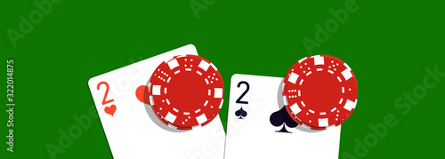 2020 Happy New Year casino logo with Blackjack playing cards and chips bet design. Cover of casino diary for 2020 poker game. Brochure design template view from above of the Twenty-One table with rate