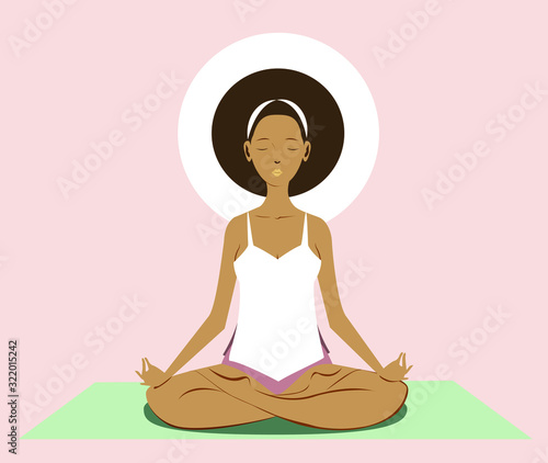 Black woman with afro hair practices yoga in the lotus pose. Healthy lifestyle and wellness concept. Flat cartoon vector illustration for meditation, Yoga Day. Isolated on light pink background.