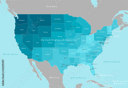 Vector modern illustration. Simplified geographical  map of United States of America (US) and neighboring countries. Blue background of oceans. Names of the cities and states