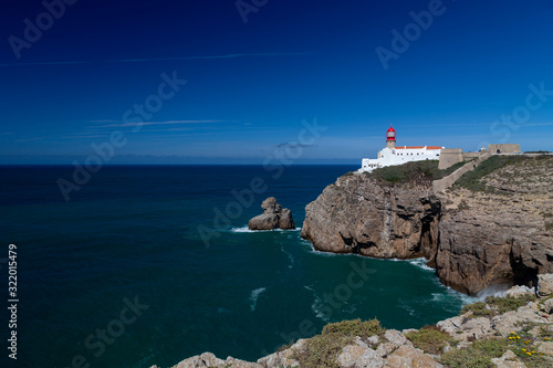 The Lighthouse at Cape St. Vincent or Cabo de Sao Vicente, the southwesternmost point of mainland Europe in Portugal.