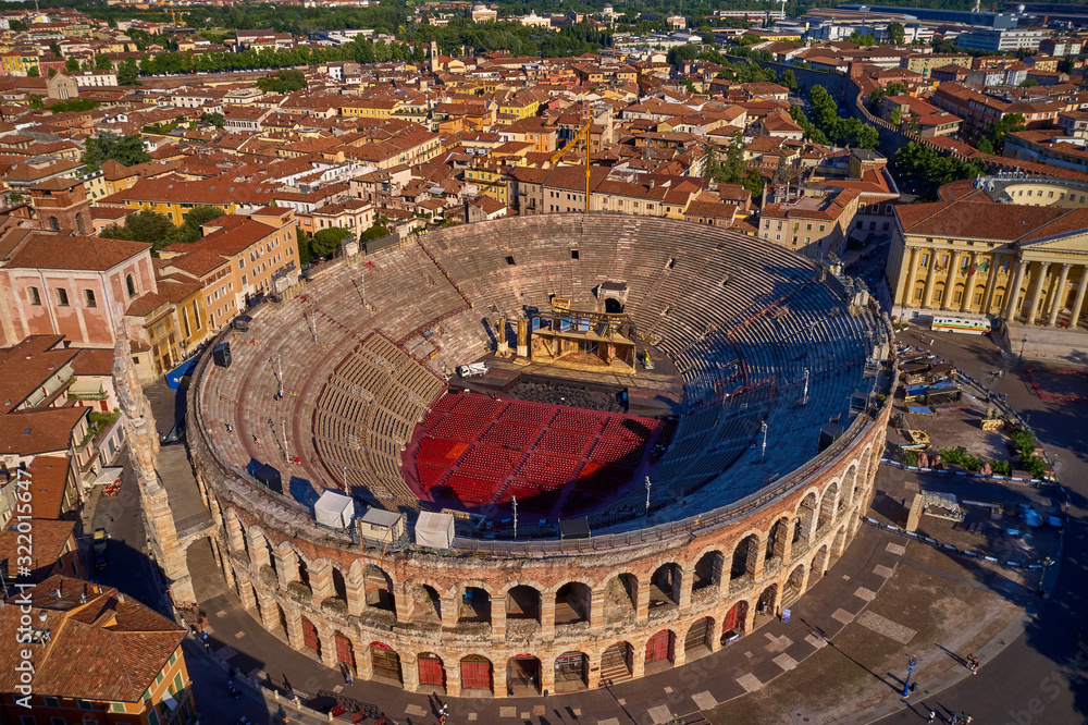 Verona Arena aerial panoramic view. Arena is a Roman amphitheatre in Piazza Bra, Italy.	