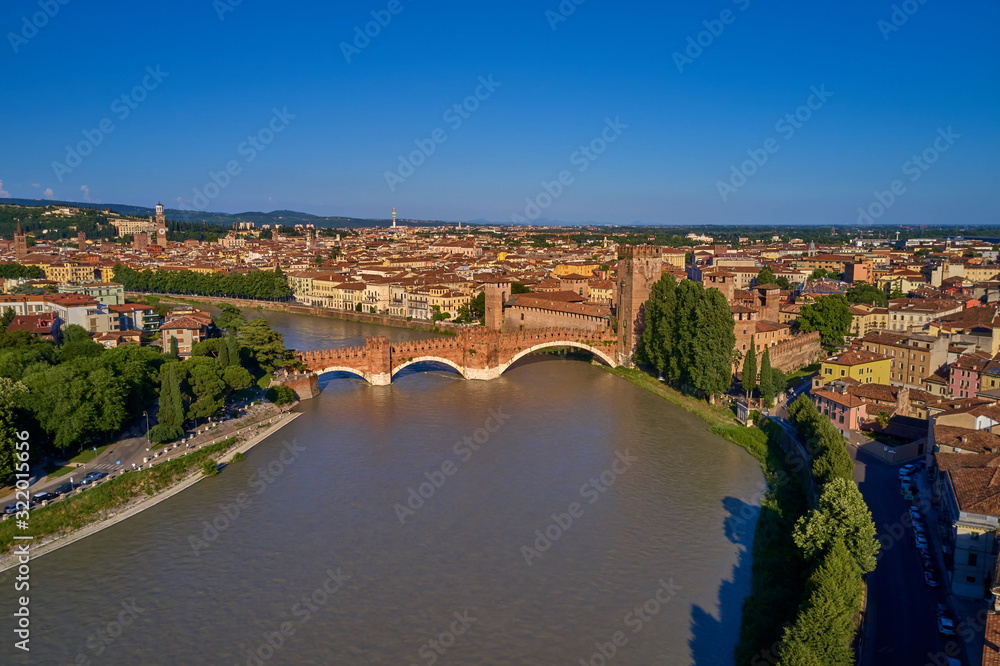 The historic city center of Verona, Italy. Adige River. Aerial view	