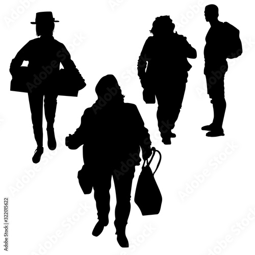 Vector funny people silhouettes. Woman bag in hand, man with backpack. Overweight people, silhouette of a girl in a hat with a box in their hands. Funny poses. Four persons. Isolated white background.