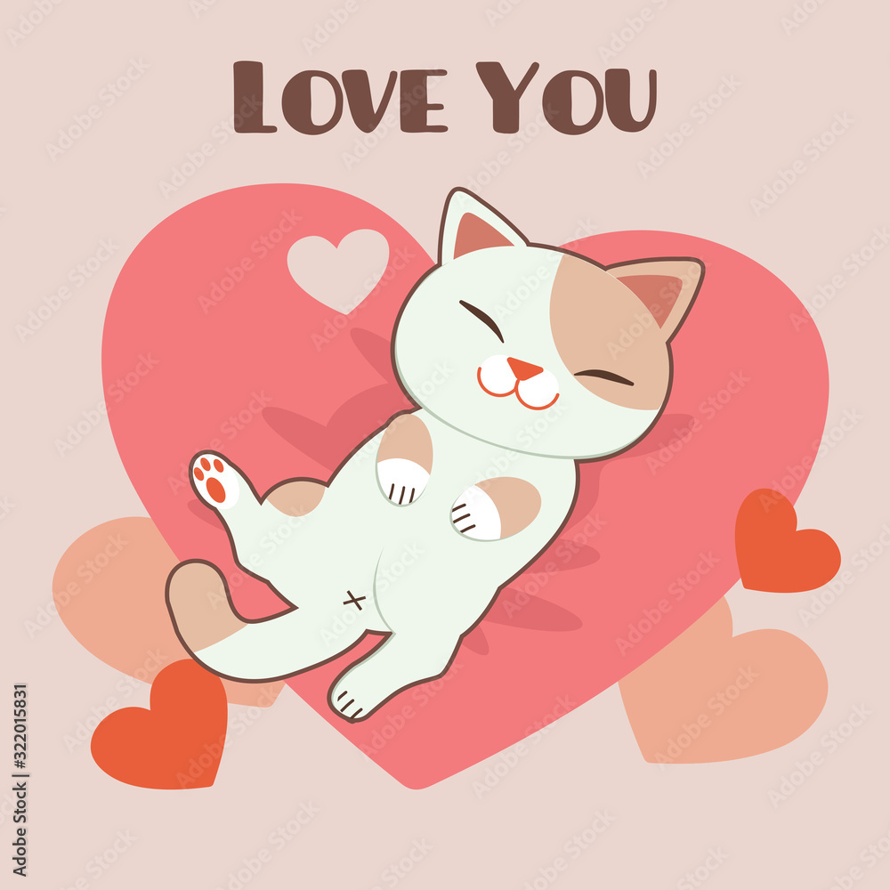 The character of cute cat sleepping on the pink pillow. The character of cute cat with text of love you. The cute cat relaxing on the pillow. The character of cute cat in flat vector style.