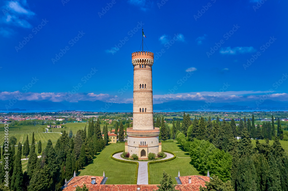 Tower of San Martino della Battaglia, Italy. Tower surrounded by vineyards, blue sky