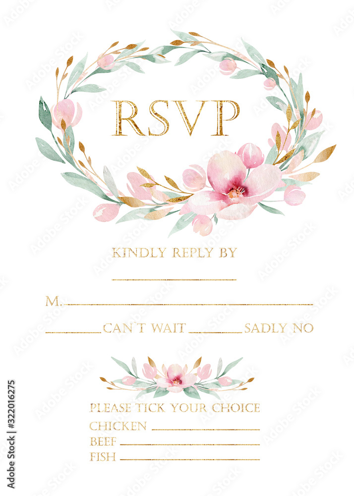 Spring bird on blooming branch with green leaves and flowers. Watercolor wedding invitation card blossom painting. Hand drawn pink wreath design. Cherry isolated branch decoration. Spring bird on blooming branch with green leaves and flowers. Watercolor wedding invitation card blossom painting. Hand drawn pink wreath design. Cherry isolated branch decoration.