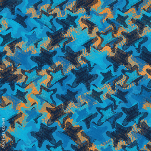 A starfish seamless vector pattern with blue and orange shapes. Marine themed surface print design. Great for sporstswear fabrics, stationery and packaging. photo