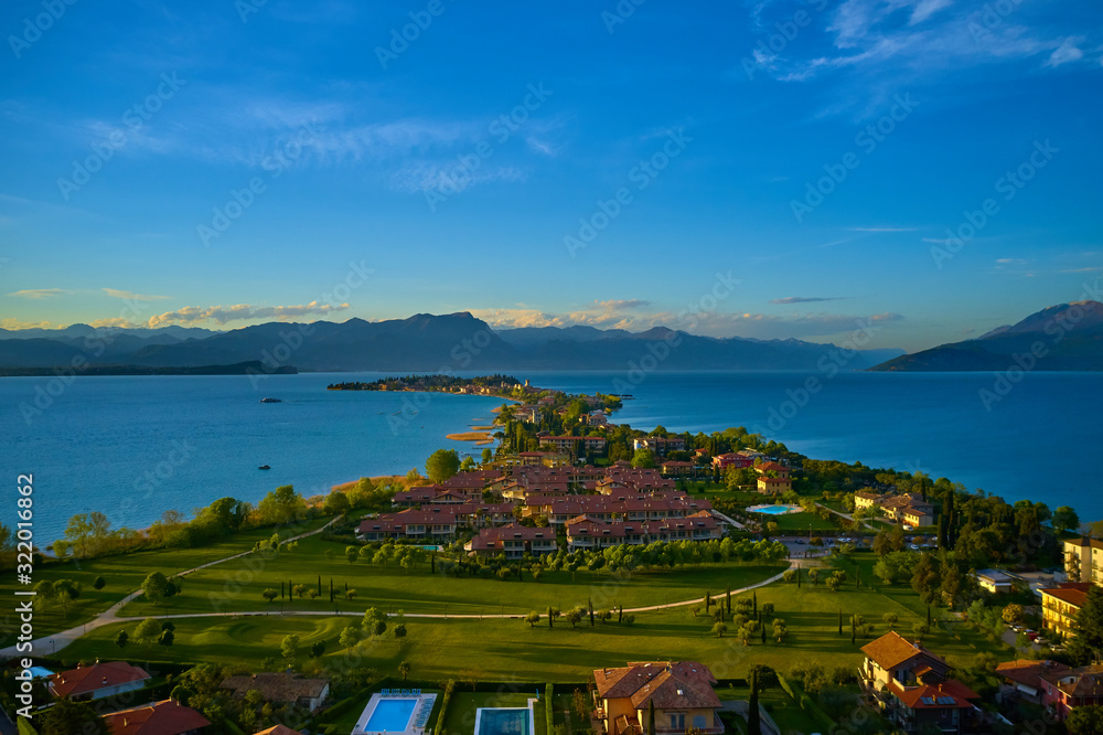 Aerial view of the Colombare Peninsula, Lake Garda. Sirmione, Italy.