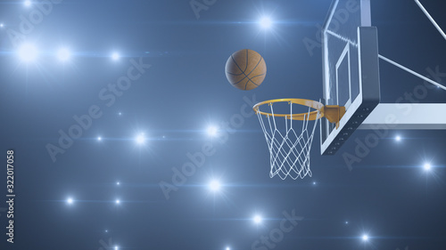 3d render Basketball hit the basket in slow motion on the background of flashes of cameras