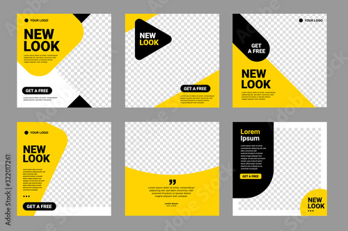 Set of Editable minimal square banner template. Black and yellow background color with stripe line shape. Suitable for social media post and web internet ads. Vector illustration with photo college