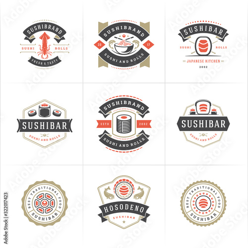 Sushi restaurant logos and badges set japanese food with sushi salmon rolls silhouettes vector illustration