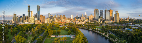 Melbourne Australia February 2nd 2020 : Dawn aerial panoramic image of rowers training on the Yarra River in the city of Melbourne Australia photo