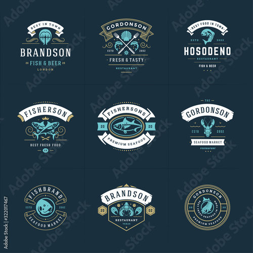 Seafood logos or signs set vector illustration fish market and restaurant emblems templates design