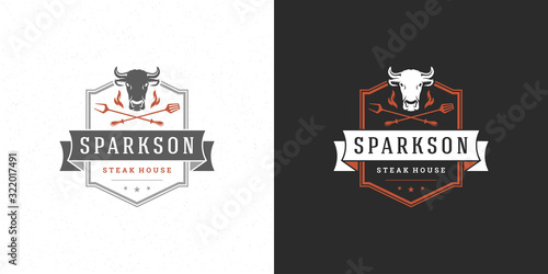 Barbecue logo vector illustration grill steak house or bbq restaurant menu emblem cow head with flame silhouette