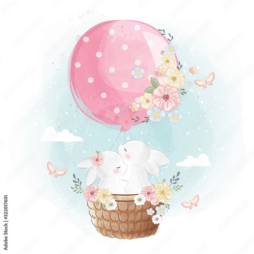 Bunny Couple Flying with a Balloon