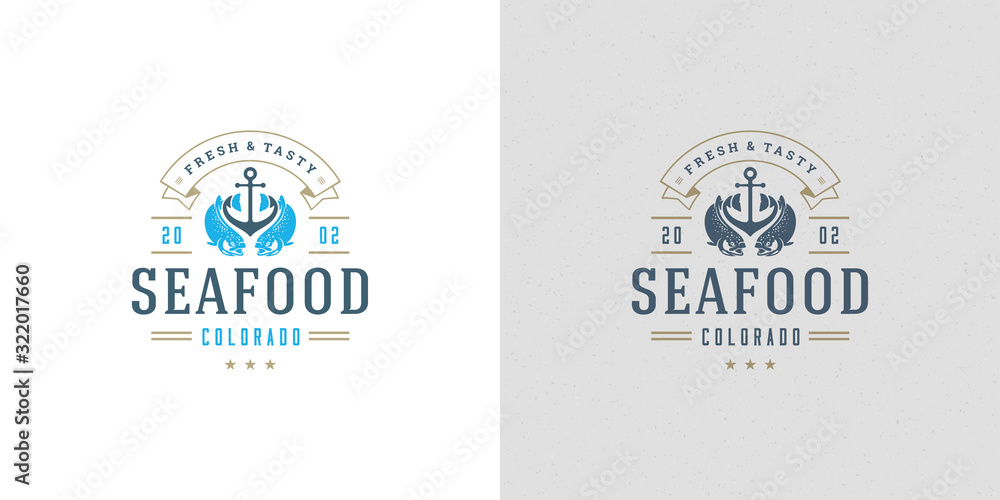 Obraz premium Seafood logo or sign vector illustration fish market and restaurant emblem template design salmon fish silhouette