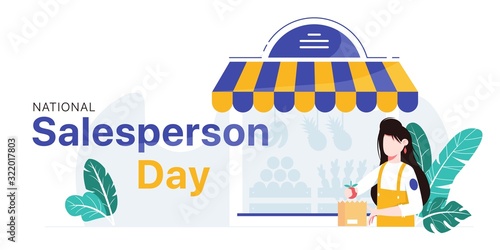 National Salesperson day horizontal banner template. Girl packing fruit into bag in front of the store. Show respect to shop keepers. Salesman and shop workers professional holiday.