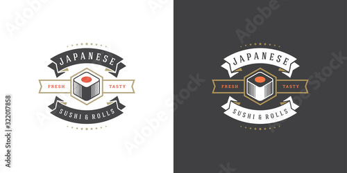 Sushi logo and badge japanese food restaurant with sushi salmon roll asian kitchen silhouette vector illustration