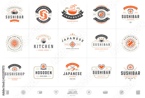 Sushi restaurant logos and badges set japanese food with sushi salmon rolls silhouettes vector illustration