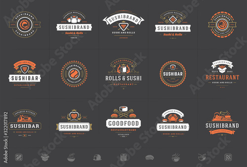 Sushi restaurant logos and badges set japanese food with sushi salmon rolls silhouettes vector illustration