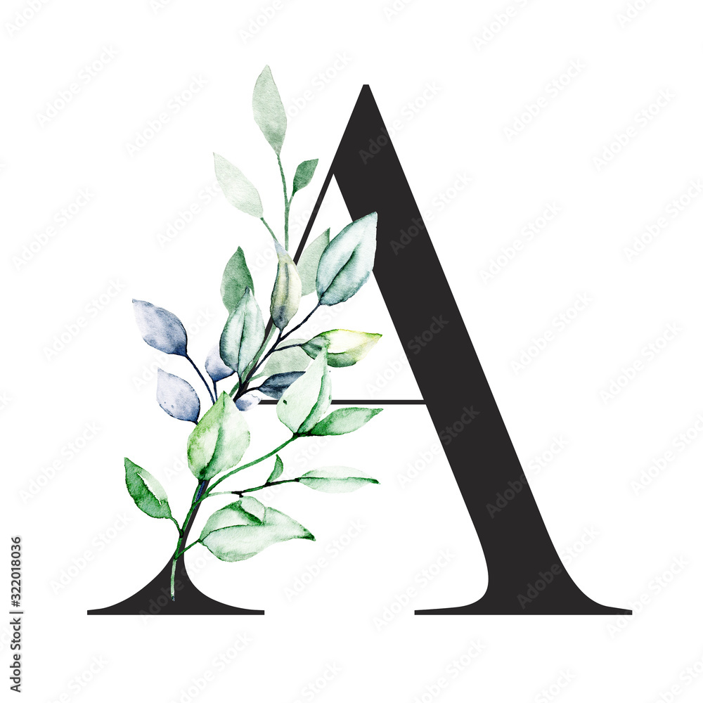 Floral letter a with watercolor leaf. Letterhead isolated on white. Leaves monogram initials perfectly for wedding invitation, greeting card, logo and other design. Holiday design hand painting.  - obrazy, fototapety, plakaty 