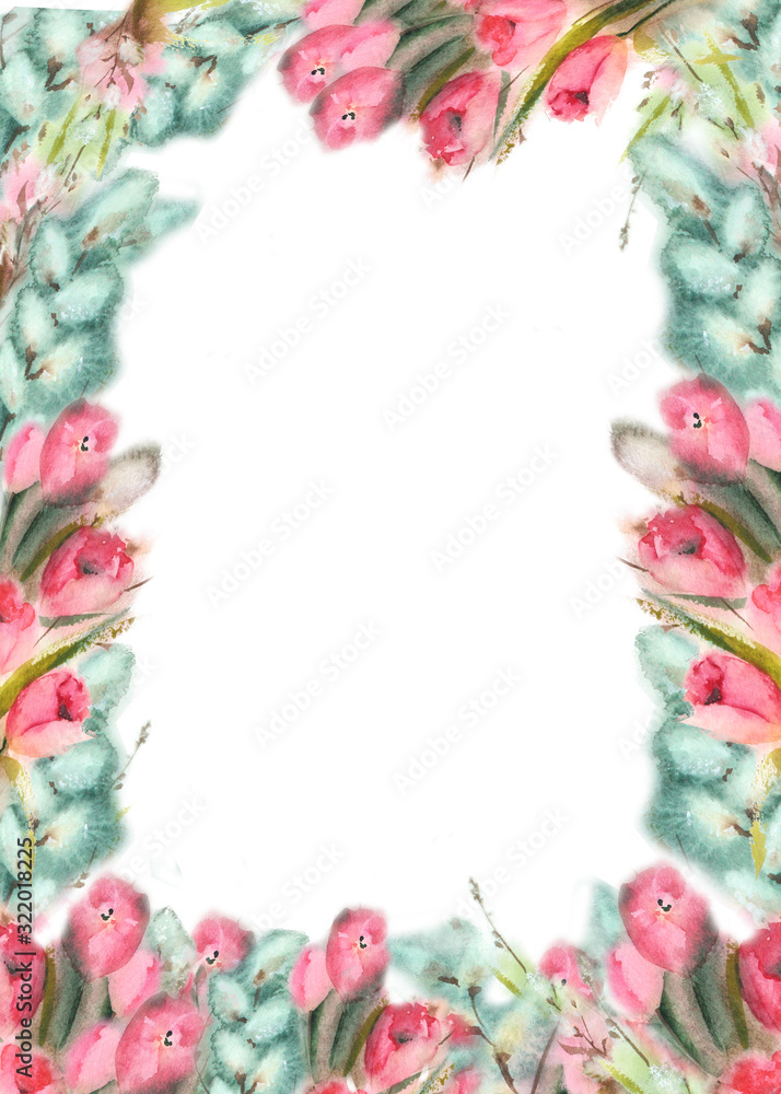 Watercolor set with fluffy pussy-willow and tulips easter frames. Suitable for greeting cards, valentines, easter cards, invitations, stationery