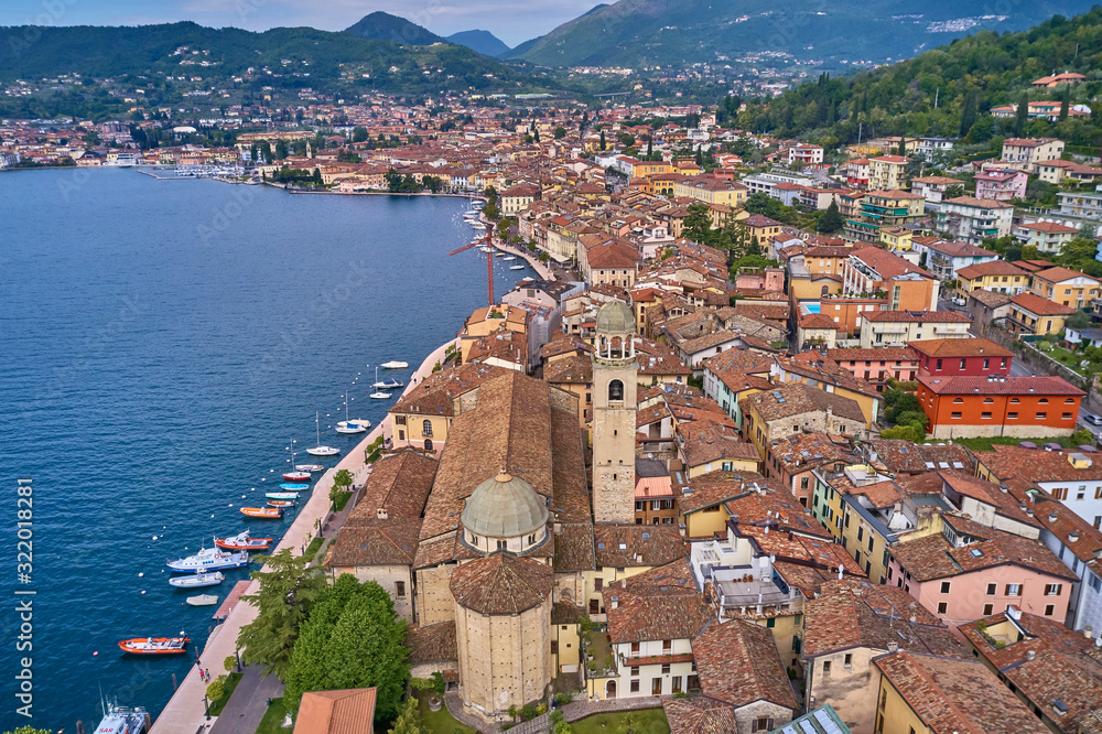 Panoramic view of the center of Salo, Italy. Lake Garda, blue sky, mountains