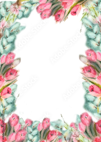 Wallpaper Mural Watercolor set with fluffy pussy-willow and tulips easter frames. Suitable for greeting cards, valentines, easter cards, invitations, stationery Torontodigital.ca