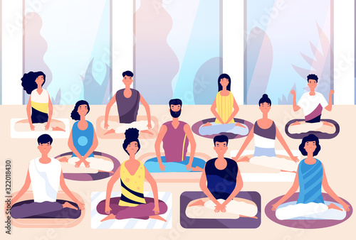 Meditation group. People sit in lotus posture and meditate against panoramic window. Business meditation, team building vector concept. Illustration wellness health position, people cartoon meditating