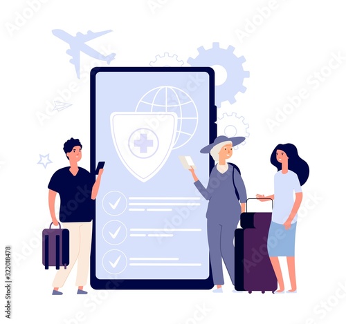 Travel insurance concept. Flat travellers with bags, buy insurance online vector illustration. Travel vacation, insurance tourist service