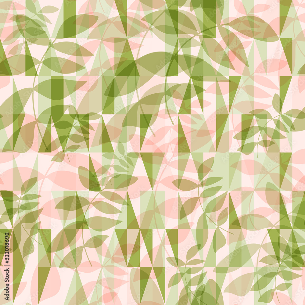 Vector seamless pattern with hand drawn leaves and geometric background with simple triangel shapes. Foliage in pastel colors on abstract mosaic backdrop