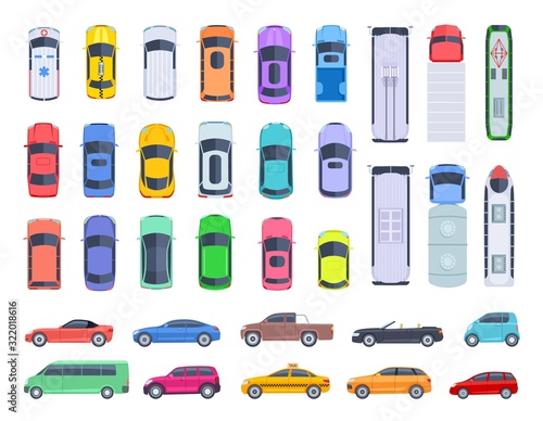 Top side view cars. Auto transport, truck and car roof of vehicle transport. Public and privat transport vector set. Auto car above view, transport truck, van and machine illustration