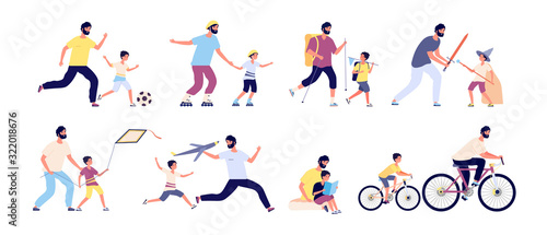 Father with children. Happy fatherhood, daddy and kids spending time together playing football, hiking and sunbathing, fishing vector set. Illustration father and sin ride bike and play