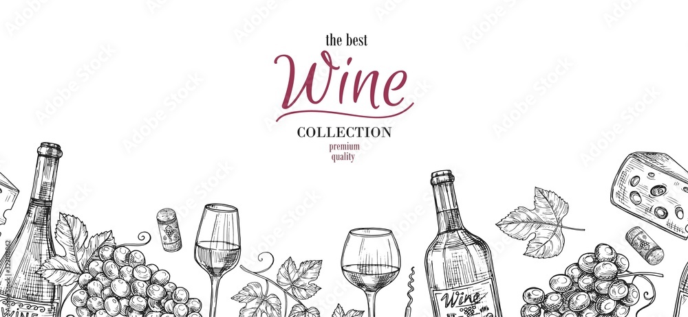 Sketch wine. Drawing drinks, grapes, bottles seamless border. Alcoholic banner with glasses and cheese, winery vector background. Wine drink drawing sketch, bottle and harvest illustration - obrazy, fototapety, plakaty 
