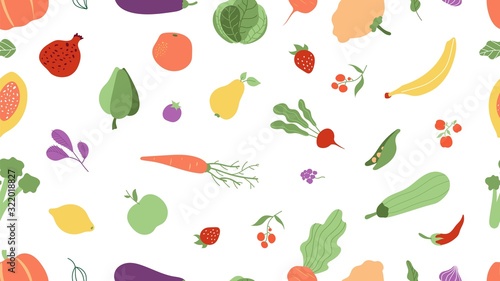 Fresh food seamless pattern. Vegetables, fruits texture. Farm agricultural products vector background. Fruit and vegetable pattern, agriculture organic illustration