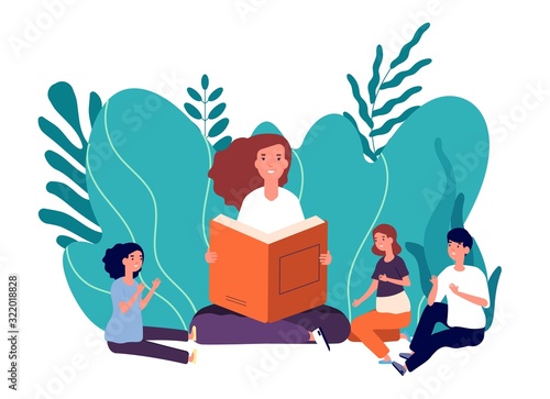Mother reading book. Smiling woman tells fairytale their cute children. Girl with books sitting with kids vector illustration. Woman read story for kids boy and girl