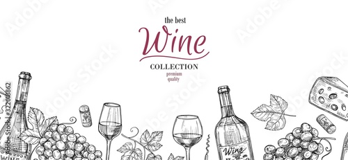 Fototapeta Sketch wine. Drawing drinks, grapes, bottles seamless border. Alcoholic banner with glasses and cheese, winery vector background. Wine drink drawing sketch, bottle and harvest illustration