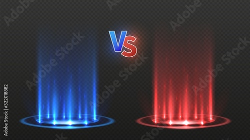 VS battle flooring. Versus action game, confrontation glowing team. Disco dance floor or neon energy teleports. Red blue podiums vector illustration. Fight game, championship and competition